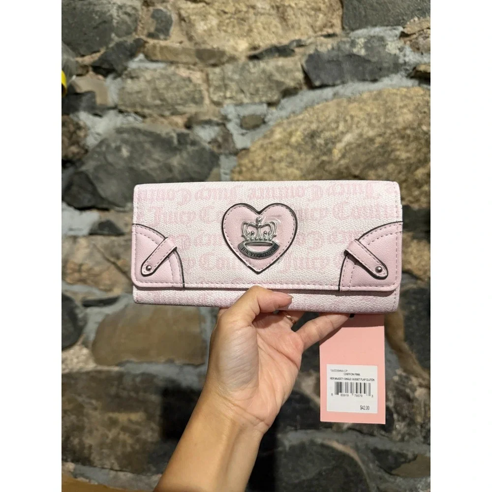 Juicy Couture Her Majesty Single Gusset Flap Clutch Wallet Chiffon Pink NEW